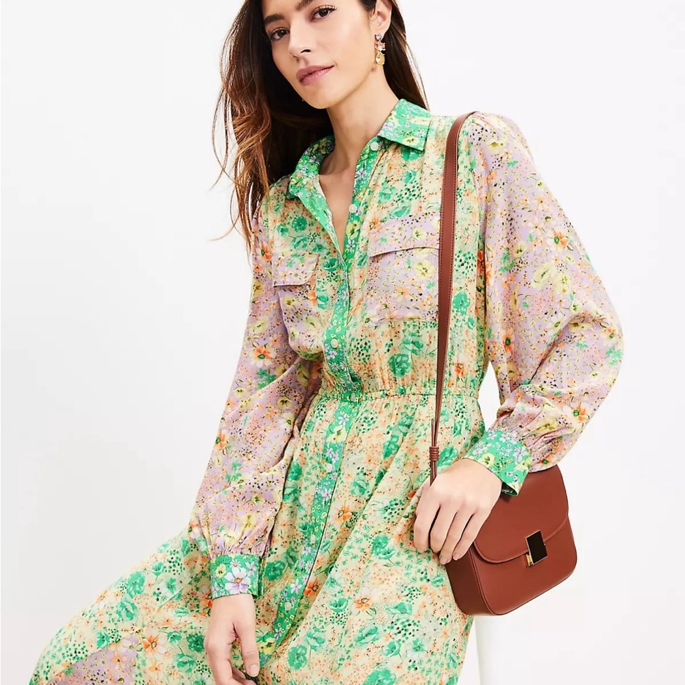 LOFT Floral Godet Long Sleeve Dress